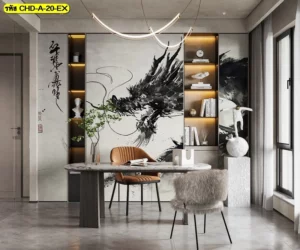 วอลเปเปอร์ภาพมังกรจีนสไตล์มินิมอลลายเส้นพู่กันสีดำสำหรับตกแต่งห้องทำงานสมัยใหม่ให้ดูหรูหราและมีพลัง