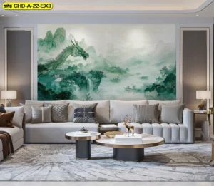 วอลเปเปอร์ภาพวาดพู่กันจีนลายมังกรเขียวท่ามกลางสายน้ำและขุนเขาสำหรับตกแต่งห้องรับแขกให้ดูร่มเย็นเป็นสุข