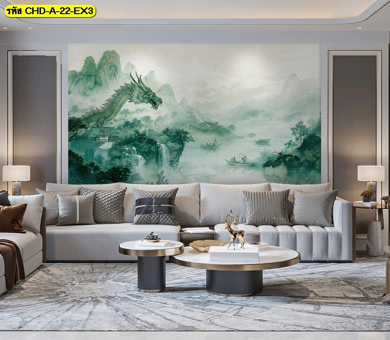 วอลเปเปอร์ภาพวาดพู่กันจีนลายมังกรเขียวท่ามกลางสายน้ำและขุนเขาสำหรับตกแต่งห้องรับแขกให้ดูร่มเย็นเป็นสุข
