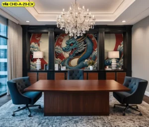 ห้องประชุมสไตล์ลักชัวรี่ ตกแต่งผนังด้วยวอลเปเปอร์ลายมังกรสีฟ้าทรงพลังในกรอบตู้สีดำ ช่วยเสริมดวงฮวงจุ้ยธุรกิจให้มั่นคง