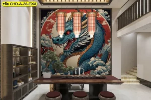 ไอเดียแต่งห้องอาหารสไตล์จีนโมเดิร์น ด้วยวอลเปเปอร์ลายมังกรสีน้ำเงินขดตัว เสริมฮวงจุ้ย ติดตั้งเต็มผนังพร้อมโคมไฟระย้าสวยหรู