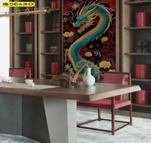 ห้องประชุมขนาดใหญ่ตกแต่งด้วยภาพมังกรสีฟ้าครามบนพื้นหลังสีดำทอง ให้ความรู้สึกสุขุมนุ่มลึกและทันสมัย เหมาะสำหรับออฟฟิศผู้บริหารระดับสูง