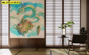 ห้องนั่งเล่นสไตล์ญี่ปุ่นมินิมอลตกแต่งด้วยวอลเปเปอร์ลายมังกรสีพาสเทลและเกาะลอยฟ้า ภาพศิลปะจีนร่วมสมัยที่ให้ความรู้สึกผ่อนคลายและอบอุ่น