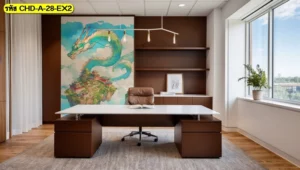 ออฟฟิศทันสมัยตกแต่งด้วยภาพวอลเปเปอร์ลายมังกรแฟนตาซีสีสดใสบนผนังสีน้ำตาล ช่วยกระตุ้นความคิดสร้างสรรค์และพลังในการทำงานของคนรุ่นใหม่