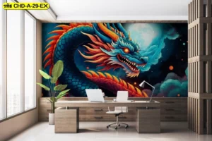 วอลเปเปอร์มังกร 3D สไตล์ภาพวาดดิจิทัลขนาดใหญ่พิเศษลายมังกรสีน้ำเงินตัดส้มพ่นไฟหลังโต๊ะทำงานทรงโมเดิร์นดูทันสมัย