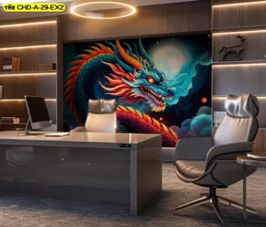 ภาพกราฟิกมังกรแนวดาร์กอาร์ตในห้องทำงานผู้บริหารที่มีชั้นวางหนังสือติดไฟซ่อนช่วยสร้างบรรยากาศการทำงานที่เปี่ยมด้วยพลัง