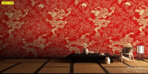 สติ๊กเกอร์ 3M ติดกระจกลายมงคลสั่งตัดลายมังกรทองบนพื้นสีแดงตกแต่งห้องนั่งเล่นให้สวยงามและเป็นส่วนตัวสไตล์โมเดิร์นไชนีส