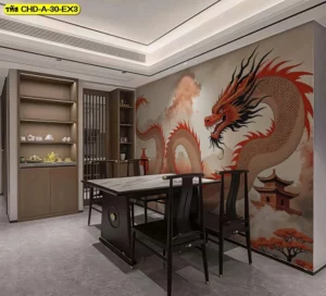 วอลเปเปอร์ลายมังกรแดงดีไซน์สง่างามติดตั้งบนผนังห้องจิบชาช่วยส่งเสริมพลังงานด้านบวกและความสงบตามหลักฮวงจุ้ยที่ดี