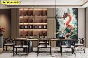 ภาพตกแต่งห้องทำงานผู้บริหารลายมังกรสีแดงพาดผ่านผนังข้างชั้นวางของไม้ดีไซน์ร่วมสมัยเสริมอำนาจบารมี