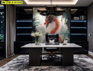ไอเดียติดตั้งวอลเปเปอร์ภาพวาดมังกรในห้องทำงานส่วนตัวหลังโต๊ะบริหารเพื่อสร้างจุดเด่นที่ดูทรงพลังและน่าเกรงขาม