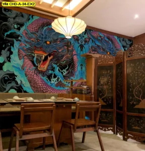 ภาพมังกรตกแต่งผนังในห้องอาหารสไตล์จีนโมเดิร์นช่วยดึงดูดโชคลาภและสร้างความประทับใจให้ลูกค้าด้วยงานศิลปะระดับพรีเมียม