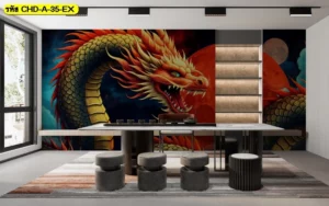วอลเปเปอร์มังกรฮวงจุ้ยดีไซน์โมเดิร์นสีเหลืองส้มขนาดเต็มผนังในห้องรับรองแขกช่วยเสริมพลังงานบวกและความรุ่งเรืองแก่ธุรกิจ