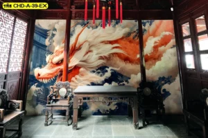 วอลเปเปอร์ลายมังกรสีส้มทองลอยเด่นเหนือเมฆหมอกสีขาว ตกแต่งห้องรับรองสไตล์จีนโบราณ สร้างบรรยากาศขลังและน่าเกรงขาม