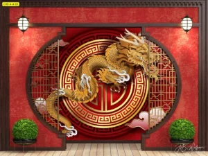 ตกแต่งห้องสไตล์จีนด้วยวอลเปเปอร์ลายมังกรทองขนาดใหญ่ในวงกลมมงคลสร้างบรรยากาศที่เปี่ยมไปด้วยพลังและขจัดสิ่งชั่วร้าย