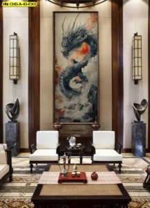 วอลเปเปอร์มังกรทองตกแต่งห้องทำงานผู้บริหาร ในโถงรับรองขนาดใหญ่ประดับด้วยเฟอร์นิเจอร์ไม้คลาสสิกสะท้อนถึงความมั่งคั่งและความสำเร็จที่ยั่งยืน