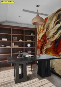 ห้องทำงานผู้บริหารสไตล์ Modern Chinese ติดตั้งวอลเปเปอร์ลายมังกรทองหน้าดุดันบนพื้นหลังสีดำ เสริมอำนาจและบารมีผู้นำองค์กร