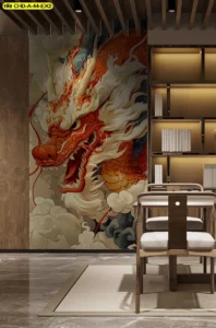 วอลเปเปอร์ลายมังกรไฟสีแดงทอง พิมพ์ลายคมชัด ติดผนังห้องประชุมขนาดเล็ก ตกแต่งด้วยเฟอร์นิเจอร์ไม้และแสงไฟดาวน์ไลท์สร้างมิติ