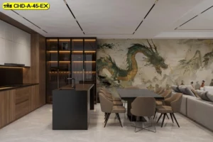 วอลเปเปอร์ภาพวาดมังกรสีเขียวทองประดับห้องรับประทานอาหารกว้างขวางสไตล์โมเดิร์นช่วยสร้างบรรยากาศมั่งคั่ง