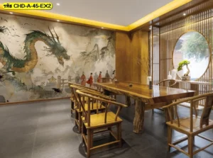 งานออกแบบภายในห้องรับรองสไตล์จีนร่วมสมัยประดับวอลเปเปอร์ภาพวาดมังกรและภาพวาดบุคคลโบราณดูประณีต