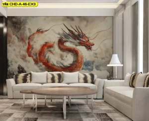 ภาพมังกรจันทรคราสตันตกแต่งห้องสไตล์เซนด้วยลายเส้นพู่กันจีนสีน้ำให้ความรู้สึกสงบนิ่งและเปี่ยมไปด้วยพลังอำนาจที่มองไม่เห็น