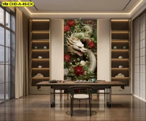 วอลเปเปอร์ลายมังกรขาวท่ามกลางดอกไม้สีแดงสดและใบไม้สีเขียว ตกแต่งผนังห้องรับประทานอาหาร ให้ความรู้สึกสดชื่นและหรูหราแบบธรรมชาติ