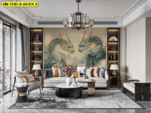 วอลเปเปอร์ลายมังกรเสริมฮวงจุ้ยห้องนั่งเล่นรุ่นพิเศษที่เน้นความประณีตของรายละเอียดเกล็ดมังกรทองเพื่อดึงดูดเงินทองเข้าบ้าน