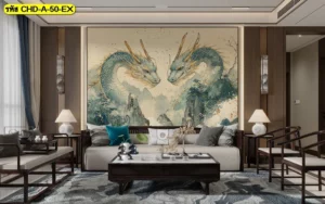 ภาพวาดมังกรสไตล์พู่กันจีนโมเดิร์นสีเขียวหัวเป็ดตัดกับพื้นสีครีมช่วยสร้างบรรยากาศที่ดูแพงและทันสมัยสไตล์เอเชียลักชูรี