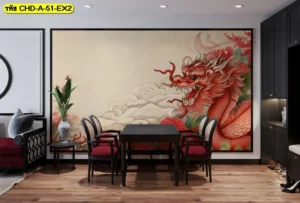 ห้องรับรองลูกค้าตกแต่งสไตล์โมเดิร์นด้วยวอลเปเปอร์ลายมังกรแดงบนพื้นหลังสีครีม ช่วยสร้างบรรยากาศเชื้อเชิญและเป็นสิริมงคล
