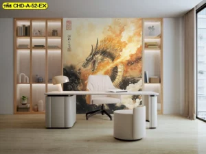 วอลเปเปอร์มังกรคาบแก้วแต่งบ้านสไตล์โมเดิร์นลักชูรีโทนสีส้มทองบนผนังห้องทำงานสีขาวดูสะอาดตาและทันสมัย
