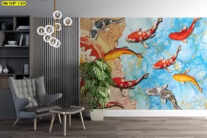 วอลเปเปอร์ภาพมงคลลายปลาคาร์ฟว่ายน้ำพร้อมดอกบัวและโคมไฟในห้องทำงานสไตล์โมเดิร์น เสริมฮวงจุ้ยเรียกทรัพย์ร่ำรวยให้เจ้าของธุรกิจตกแต่งผนังหรูหรา