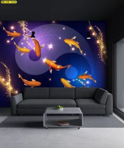 วอลเปเปอร์ลายปลาคาร์ฟหรูหราในสไตล์อวกาศหยินหยางพร้อมดวงดาวระยิบระยับประดับผนังห้องรับแขกโมเดิร์นลักชูรี