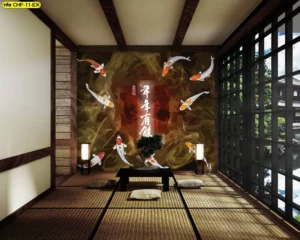 วอลเปเปอร์ลายปลาคาร์ฟว่ายวนในห้องญี่ปุ่นมืดหรูประดับต้นไม้และโคมไฟ เสริมพลังมงคลความมั่นคงให้ห้องพระและสำนักงาน