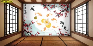 ภาพติดผนังปลาคาร์ฟกับดอกบัวในห้องญี่ปุ่นประดับหน้าต่างไม้ เสริมฮวงจุ้ยเรียกทรัพย์ให้เจ้าของร้านอาหารและบ้านจัดสรร