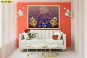 วอลเปเปอร์ปลาคาร์ฟสีน้ำเงินแดงลายดอกบัวในห้องนั่งเล่นทันสมัย เสริมความสำเร็จค้าขายให้เจ้าของคาเฟ่และโรงแรมบูติค