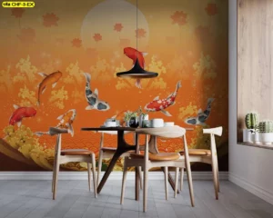 วอลเปเปอร์ลายปลาคาร์ฟเด็กๆในห้องนอนสีเขียวประดับดอกซากุระและของเล่นน่ารัก เสริมพลังบวกมงคลให้ครอบครัวและเด็กๆในบ้าน