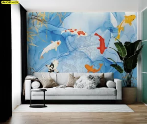 ภาพวอลเปเปอร์ปลาคาร์ฟมงคลพร้อมดอกบัวในห้องนอนสีครีมประดับโคมไฟและต้นไม้ เสริมโชคลาภความมั่งคั่งตามหลักฮวงจุ้ยสำหรับเจ้าของรีสอร์ทและ interior designer