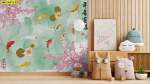 ภาพติดผนังปลาคาร์ฟงานพิมพ์ตามขนาดผนังสีส้มกับโต๊ะอาหารญี่ปุ่น เสริมฮวงจุ้ยความมั่งคั่งให้ห้องอาหารโรงแรมและบ้าน