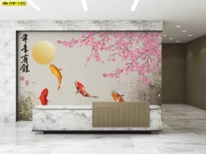ภาพวอลเปเปอร์ปลาคาร์ฟกับดอกซากุระและพระจันทร์ในล็อบบี้โรงแรมสีครีม เสริมดวงค้าขายรุ่งเรืองให้เจ้าของธุรกิจและที่พัก