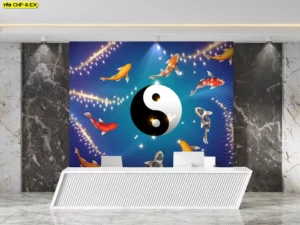 รับพิมพ์สติ๊กเกอร์ 3M ลายปลาคาร์ฟ ติดกระจกและผนังโถงต้อนรับในรูปแบบสัญลักษณ์หยินหยางเสริมพลังบวกและความสมดุล