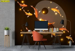 ภาพมงคลติดผนังห้องทำงานลายปลาคาร์ฟว่ายวนรอบสัญลักษณ์หยินหยางสีน้ำตาลอบอุ่นเสริมสมาธิและความสำเร็จในการทำงาน