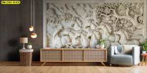 ภาพวอลเปเปอร์ลายปูนปั้นนูนต่ำรูปฝูงม้าวิ่งในป่าดูสมจริงแข็งแรงทนทานเหมาะสำหรับตกแต่งผนังห้องรับแขกเพื่อความหรูหราและภูมิฐาน