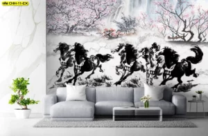วอลเปเปอร์ลายม้าแปดตัววิ่งสไตล์ภาพวาดพู่กันจีนพื้นหลังลายหินอ่อนและต้นซากุระให้ความรู้สึกสงบร่มเย็นผสมผสานความเป็นเอเชียได้อย่างลงตัว