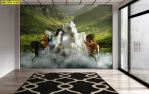 สติ๊กเกอร์ติดกระจกห้องประชุมลายม้า 8 ตัว วิ่งฝ่าน้ำตก ช่วยกรองแสงและเสริมฮวงจุ้ยให้การเจรจาสำเร็จราบรื่น