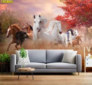 เปลี่ยนผนังห้องโล่งให้โดดเด่นด้วยวอลเปเปอร์ลายม้ามงคลวิ่งผ่านป่าใบไม้เปลี่ยนสีโทนแดงส้มให้อารมณ์อบอุ่นและกระตือรือร้น