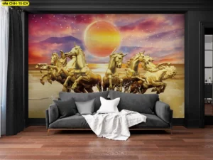 วอลเปเปอร์รูปม้าสีทองแปดตัววิ่งบนน้ำทะเลตัดกับท้องฟ้าสีม่วงอมส้มเสริมฮวงจุ้ยด้านความร่ำรวยและความสำเร็จให้กับห้องทำงานผู้บริหาร