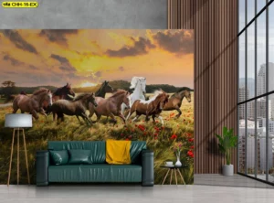 สร้างบรรยากาศผ่อนคลายในห้องทำงานด้วยวอลเปเปอร์ลายม้ามงคลวิ่งในทุ่งหญ้าดอกไม้สีแดงท่ามกลางแสงอาทิตย์อัสดงงดงาม