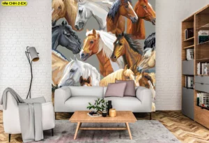 วอลเปเปอร์กราฟิกลายหัวม้าหลากหลายสายพันธุ์ซ้อนกันเต็มผนังโทนสีธรรมชาติเหมาะสำหรับห้องสมุดหรือมุมอ่านหนังสือที่ต้องการความคิดสร้างสรรค์