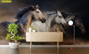 ตกแต่งมุมห้องด้วยวอลเปเปอร์ลายม้ามงคลระยะใกล้เน้นแววตามุ่งมั่นทรงพลังบนพื้นหลังสีเข้มช่วยสร้างสมาธิและอำนาจ