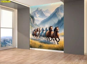ภาพติดผนังห้องทำงานวิวภูเขาสูงกับฝูงม้า 8 ตัว เสริมฮวงจุ้ยด้านความมั่นคงและการสนับสนุนจากผู้ใหญ่