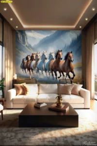 ภาพจำลองห้องนั่งเล่นตกแต่งด้วยวอลเปเปอร์ลายม้ามงคล 8 ตัววิ่งกรูเข้ามาพร้อมฉากหลังภูเขาสูงเสียดฟ้าเสริมความมั่นคง